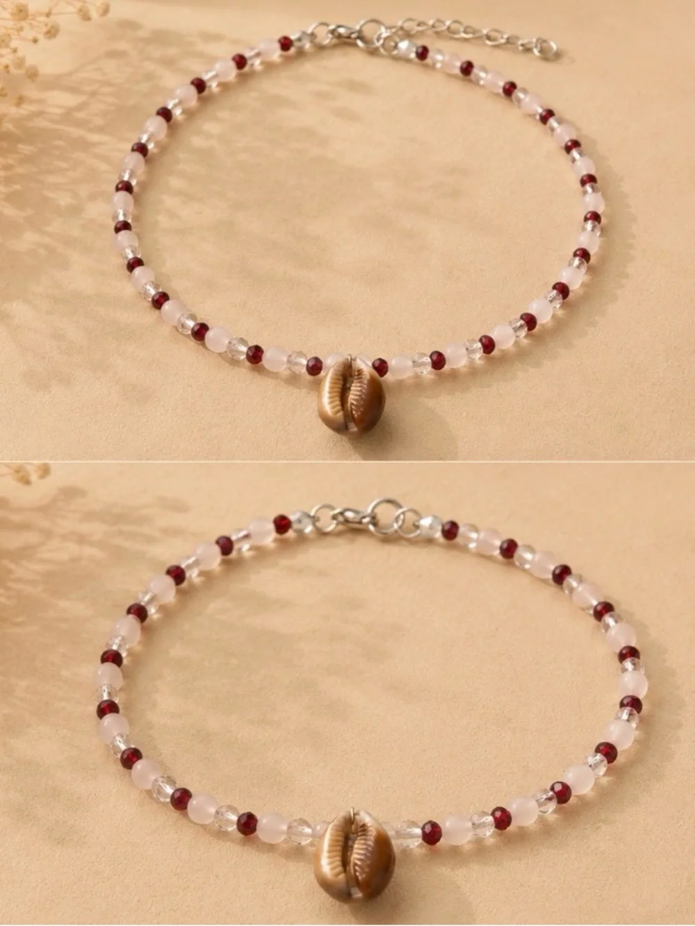 Beaded Shell Choker Necklace - Pink & Burgundy